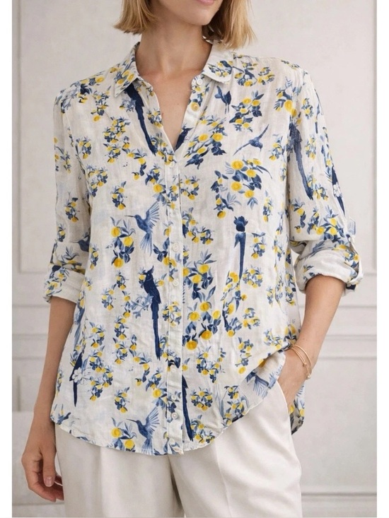 Isaac Mizrahi Tops - Isaac Mizrahi Linen White Animal Print Parrot Button Down Blouse size 1X EUC